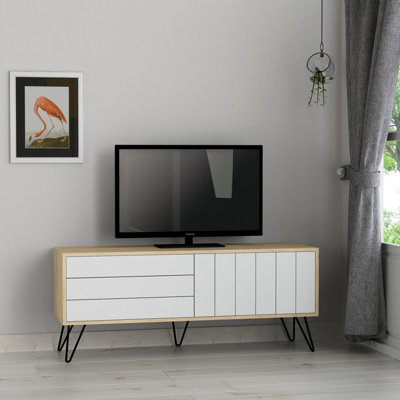 Decortie White Picadilly Modern Tv Unit Multimedia Centre Storage Cabinet Oak For 55" Tv 139Cm