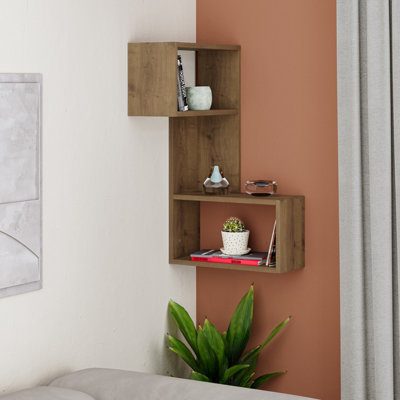 Decortie Dark Part 3-Tier Wall Mounted Corner Shelf Modern Organizer Oak Effect 82Cm