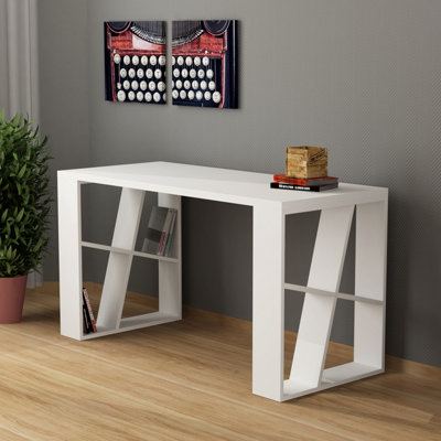 Decortie White Honey Modern Desk With Integrated Bookshelf Storage 137Cm