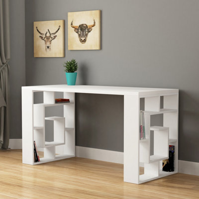 Decortie White Labirent Modern Working Table With Bookshelf Legs 137Cm
