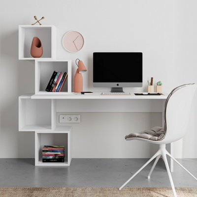 Decortie Balance Desk Modern 4-Tier Open Storage Shelves Engineered Wood White 140X153.5X60Cm from B&Q