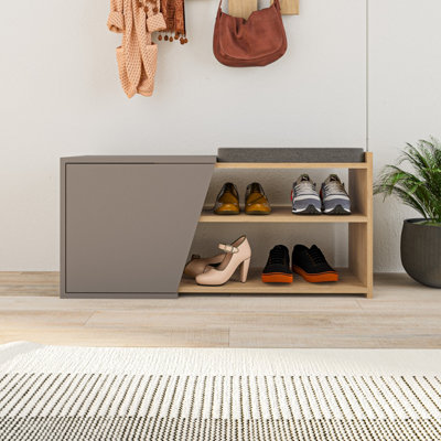 Decortie Modern Fiona Shoe Bench With Storage Space Up To 6 Pair Shoes 104.6(W)Cm Oak, Mocha Grey
