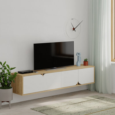 Decortie White Spark Modern Tv Unit Multimedia Centre With Storage Cabinet Oak Width 180Cm