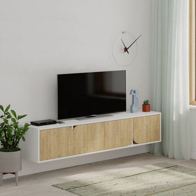 B&Q -  Spark Modern Tv Unit Multimedia Centre With Storage Cabinet White Oak 180Cm Width