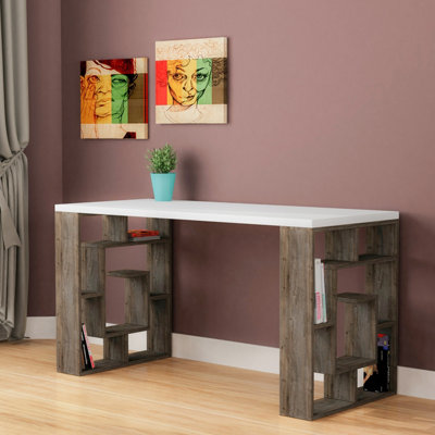 Decortie Labirent Modern Working Table With Bookshelf Legs Coffee 137Cm White/Dark