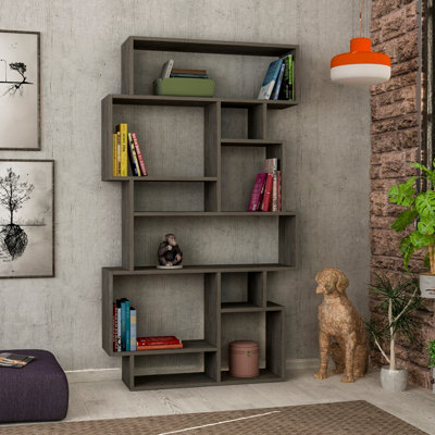 Decortie Karmato Modern Bookcase Display Unit With 10 Compartments Coffee 168.5Cm Tall Dark