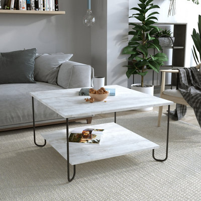 B&Q -  Marbo Modern Coffee Table 80Cm Open Shelf Metal Legs Multipurpose Ancient White Living Room