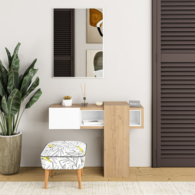 Decortie Efes Modern Dressing Table With Drawer Mirror Oak Open Shelf H 182Cm White
