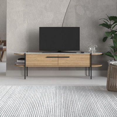 Decortie White Otis Modern Tv Unit Multimedia Centre Oak Marble Effect Metal Leg Storage Cabinet 160Cm