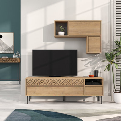Decortie Heaton Modern Tv Unit Oak With Storage And Wall Shelf 144.6Cm B&Q