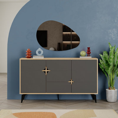 B&Q -  Spark Console Sideboard Display Unit 3 Cabinets Shelves Drawer Oak Anthracite Grey 140X35X80Cm