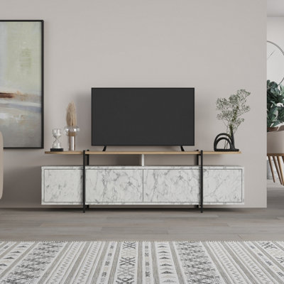 Decortie White Hanley Modern Tv Unit Multimedia Centre Marble Effect Oak With Storage Tv Cabinet 160Cm