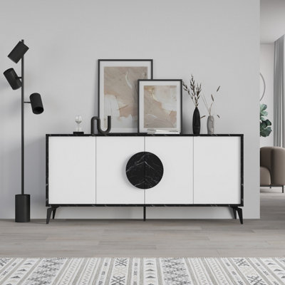 B&Q -  Gora Black Marble EffectWhite 4 Door Sideboard Cabinet Console With Metal Legs (W) 180Cm