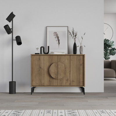 Decortie Gora Sideboard Modern Storage Cabinet With 2 Pull-Open Doors Metal Legs Oak Effect 110Cm Width Dark