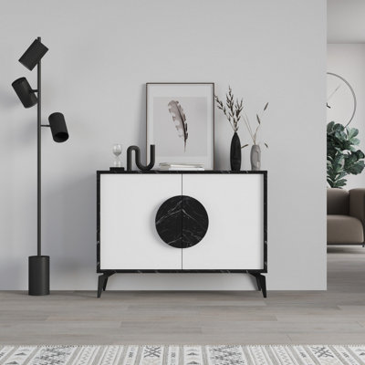 Rackhams Black Gora Sideboard Modern Storage Cabinet With 2 Pull-Open Doors Metal Legs 110Cm Width - Image 5