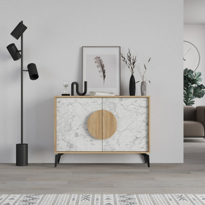 Decortie Gora Sideboard Modern Storage Cabinet With 2 Pull-Open Doors Metal Legs Marble Effect 110Cm Width White