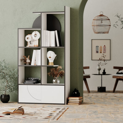Decortie White/Anthracite/Grey Half Modern Bookcase Display Unit Tall 165Cm