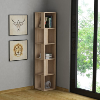 Decortie Piano Modern Corner Bookcase Shelving Unit Tall Display Unit Corner Shelf Oak 158.9Cm