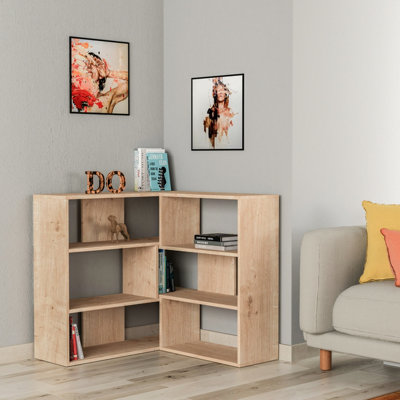 Decortie Molly Modern Corner Bookcase 3 Tier Room Divider Storage Unit Freestanding Melamine Finish Oak 89Cm