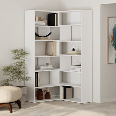 Decortie Molly Corner Bookcase 5 Tier Wall Mounted 178.6X93.6x29.6cm White