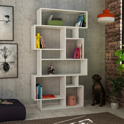 Decortie Karmato Modern Bookcase Display Unit With 10 Compartments 168.5Cm Tall White