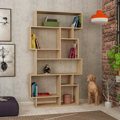 Decortie Karmato Modern Bookcase Display Unit With 10 Compartments Oak 168.5Cm Tall Anthracite/Grey