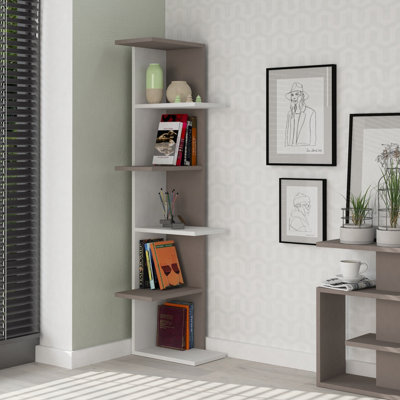 B&Q -  Saso Modern Corner Bookcase Shelving Unit Display Unit WhiteMocha Grey Medium 141(H)Cm