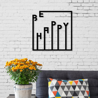 B&Q Black Decortie Modern Metal Wall Art Happy Theme Home Ornament Decorative Minimalist Design Hanging Wall Sculpture,