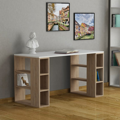 B&Q -  Colmar Modern Desk Computer Desk Office Desk With Integrated 6-Shelf Bookshelf Storage White Oak Width 140Cm