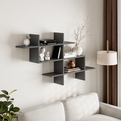 B&Q -  Halic 3 Tiers Wall Mounted Shelf Modern Floating Bookcase Anthracite Grey 150Cm