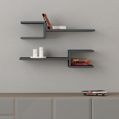 Decortie Fork Modern Wall Mounted Floating Shelf Unique Design Set 2 Piece Shelf 75Cm Anthracite/Grey