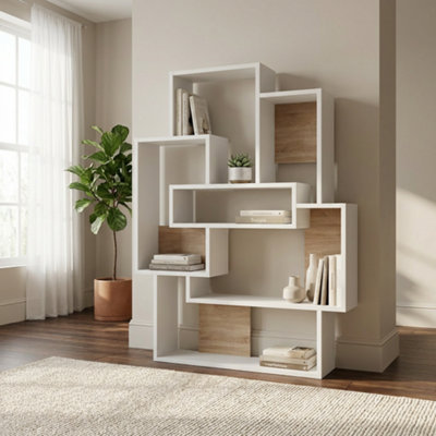 Decortie White Barce Modern Freestanding Bookcase Storage Unit Oak 132Cm