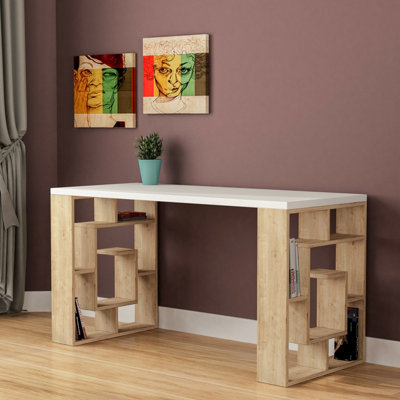Decortie White Labirent Modern Working Table With Bookshelf Legs Oak 137Cm