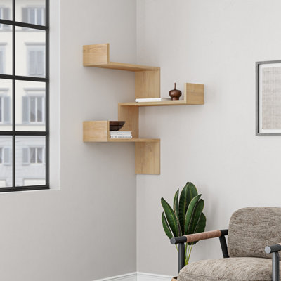 Decortie Oak Modern Corner Wall Mounted Bookcase 3 Shelf - Image 6