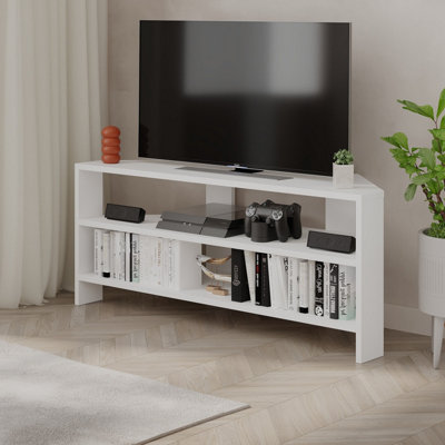 Decortie White Thales Corner Modern Tv Unit Multimedia Centre Corner 110Cm