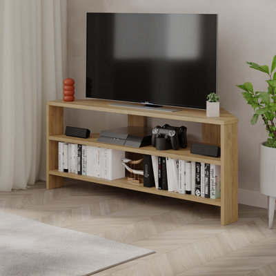 Decortie Thales Oak 2 Shelf Modern Corner TV Unit - 110cm Wide - Image 3