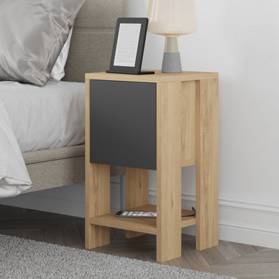 Decortie Anthracite/Grey Ema Modern Bedside Table With Storage Drop-Door Cabinet Oak Width 30Cm