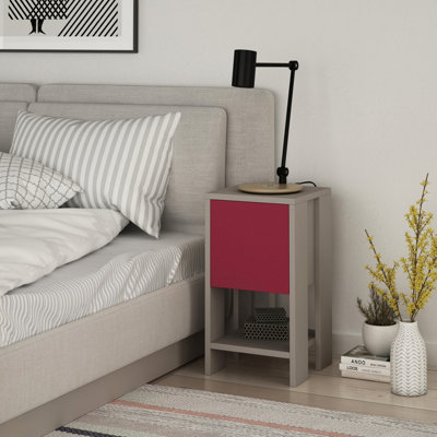 Decortie Ema Modern Bedside Table With Storage Drop-Door Cabinet Mocha 30Cm Width Grey/Burgundy