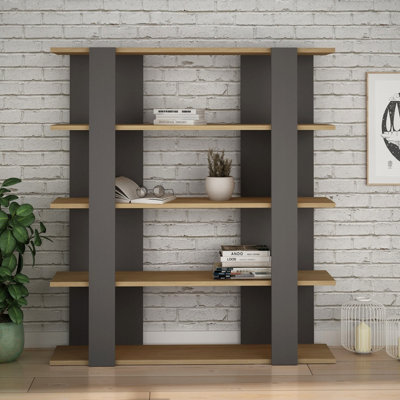 Decortie Tita 4 Tier Modern Bookcase Wall Mounted Shelving Unit Oak 122Cm Anthracite/Grey