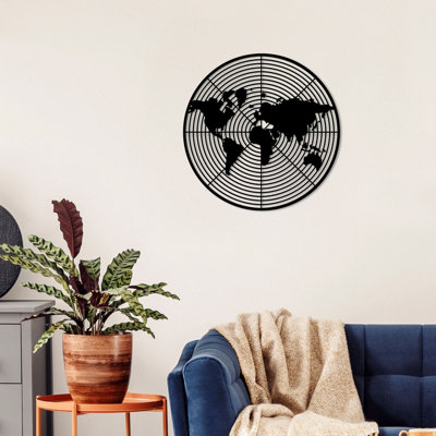 B&Q Decortie Modern Metal Wall Art Dart World Design Home Ornament Decorative Minimalist Hanging Wall Sculpture, Black