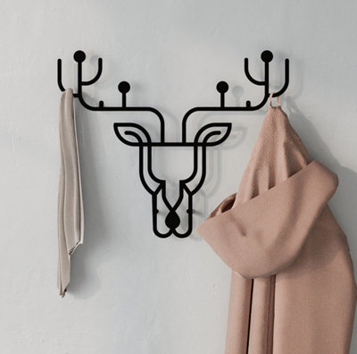 Decortie Modern Deer Metal Wall Hanger With 4 Hooks Black