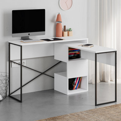 Decortie Modern Badau L-Shaped Computer Desk White Black Metal Legs 3 Adjustable Storage Shelf Extra Table 110Cm(W) Work Pc Office from B&Q