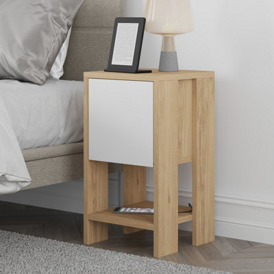 Decortie White Ema Modern Bedside Table With Storage Drop-Door Cabinet Oak Width 30Cm