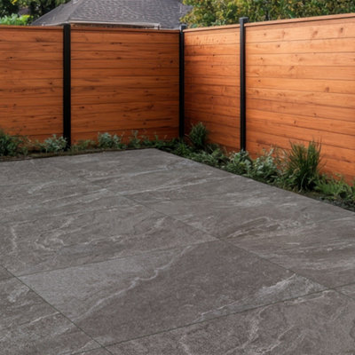 Duratile Designs River Charcoal Matt Natural Stone Effect Textured Porcelain Outdoor Floor TilePack Of 1(L)900mm (W)600mm