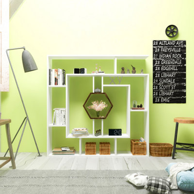 Decorotika Labrina Hexagonal Geometric Bookcase - White and Walnut - 12 Shelves - Image 3