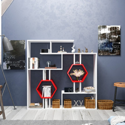 Decorotika Tamara Bookshelf - White & Red Geometric Honeycomb Design - Metal Frame - Image 4