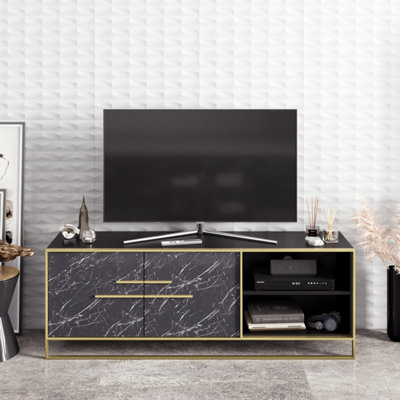 B&Q -  Polka Tv Stand Tv Unit For Tvs Up To 72 Inch Black Marble Effect And Black