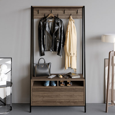 Decorotika Devin Hall Tree Coat Stand Coat Rack With 7 Metal Hooks Walnut & Black from B&Q