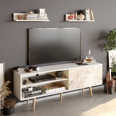 B&Q -  Pi Tv Stand Tv Unit For Tvs Up To 63 Inch White Marble Effect And White