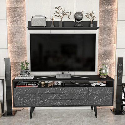 B&Q -  Ola 160Cm Wide Tv Stand Media Console With Wall Shelf For Tvs Up To 72 Inch Black And Black Marble Effect